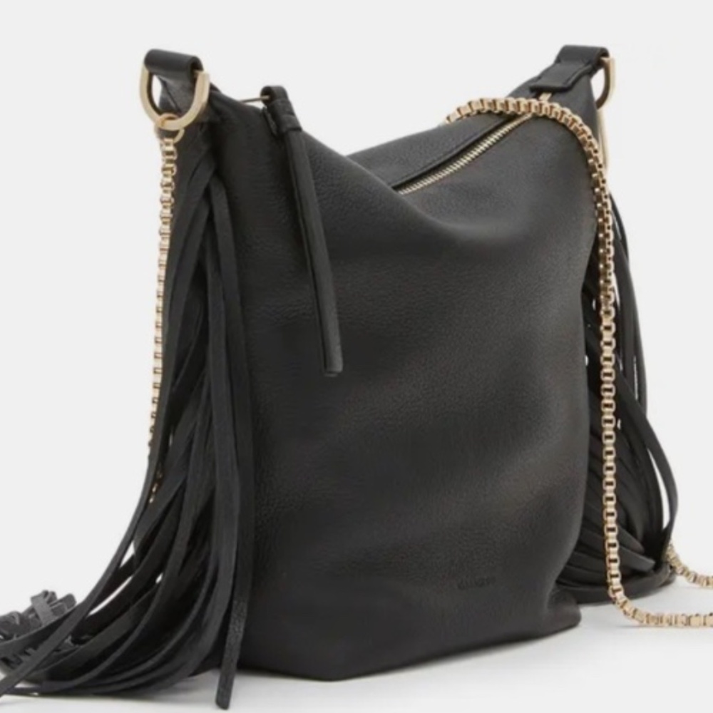 All Saints Black Fringe Crossbody Bag Leather